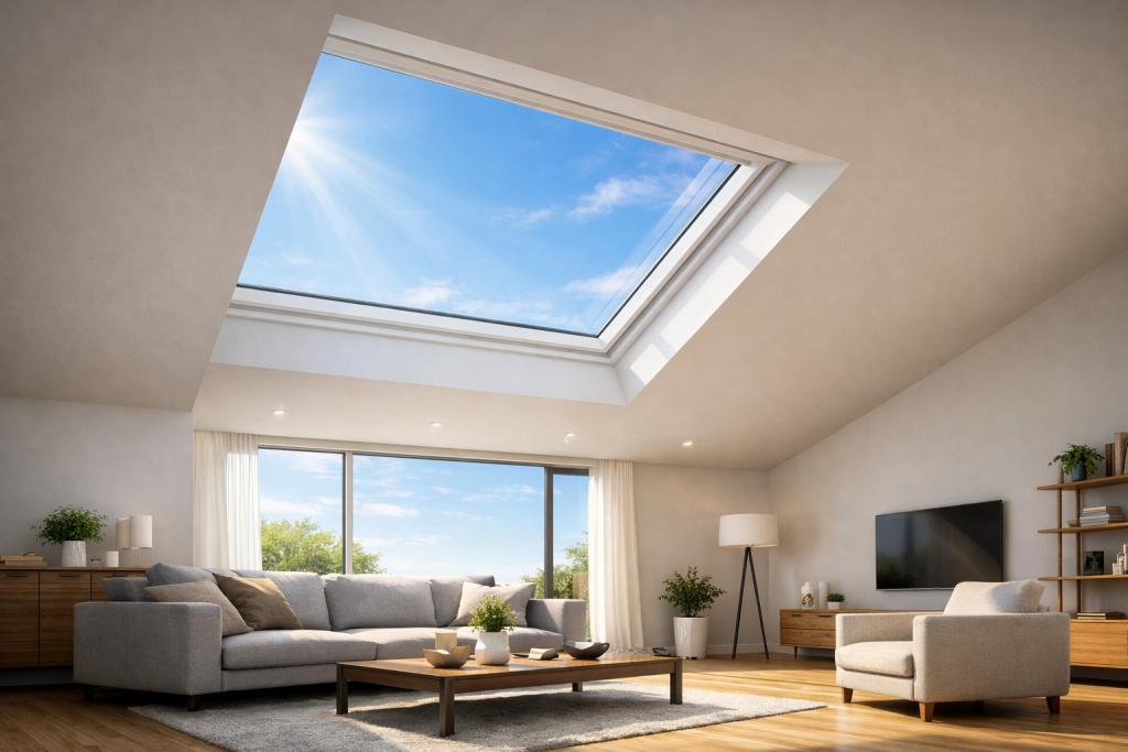 Salon lumineux avec fenêtre de toit